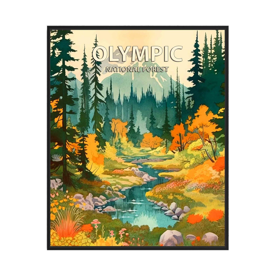 Olympic National Forest Autumn Stream Golden Foliage Travel Poster