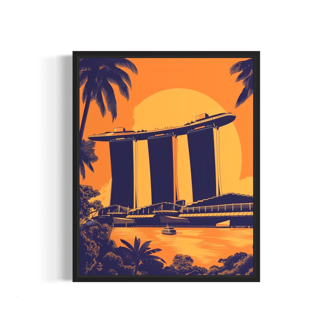 Singapore Marina Bay Sands Sunset Poster with Tropical Palm Trees