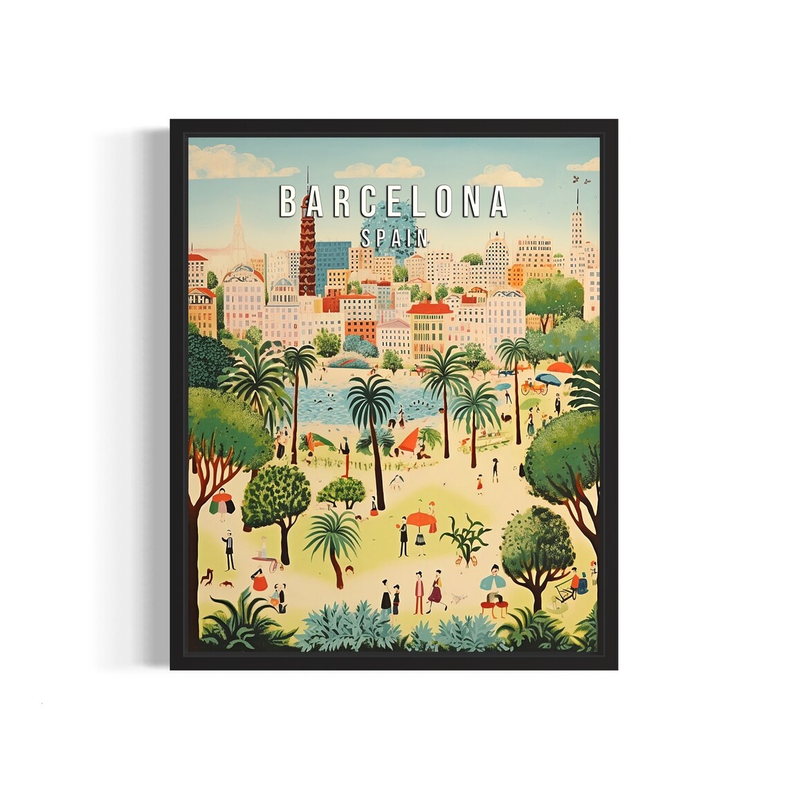 Barcelona Spain Sunny Palm Park Scene Retro Travel Art Poster