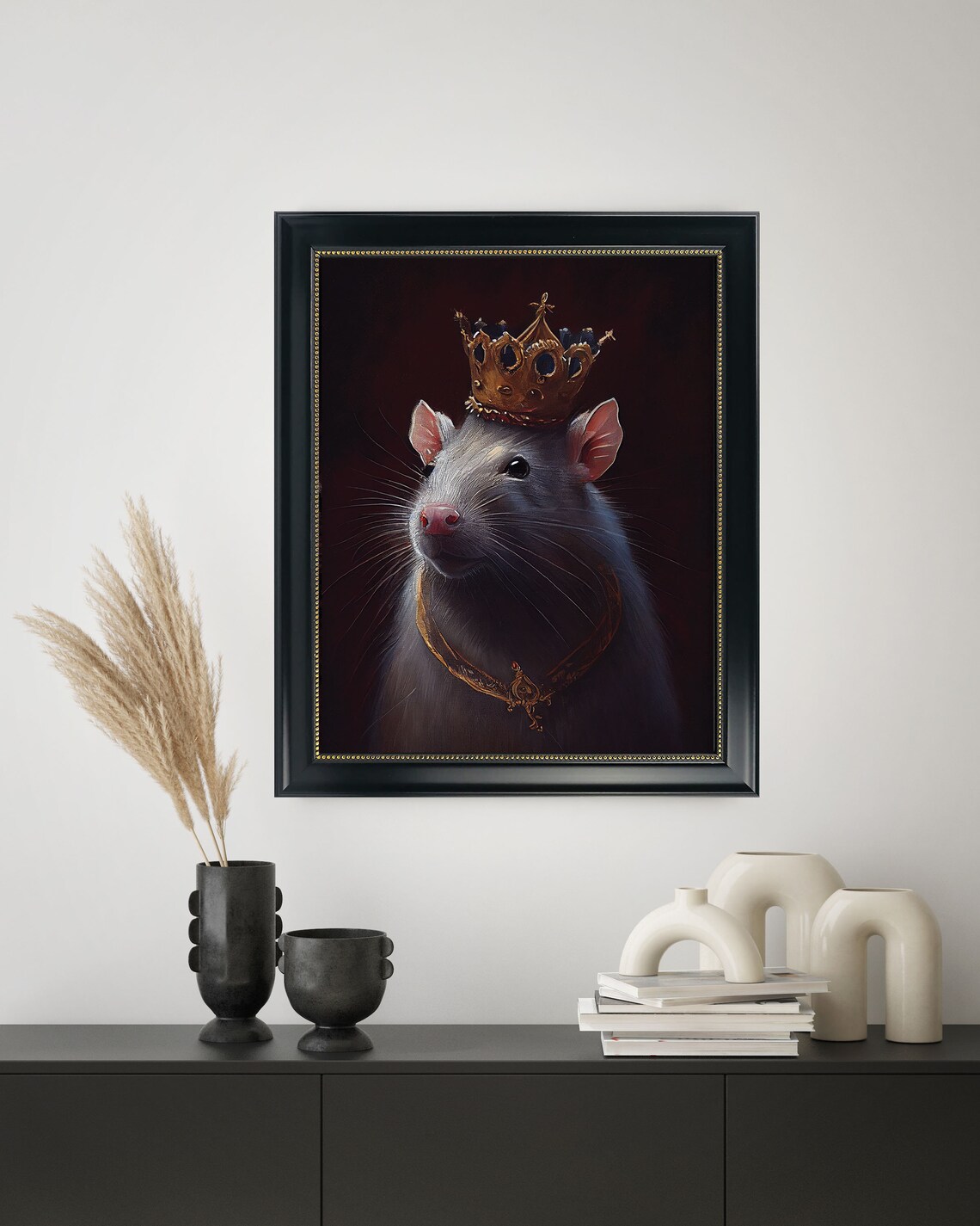 Crowned Rat Gothic Oil Portrait with Golden Crown Dark Wall Art - Image 3