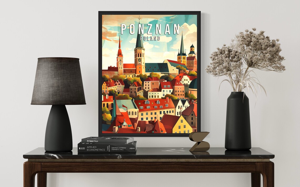 Poznan Poland Old Town Medieval Church Towers Retro Travel Poster - Image 2