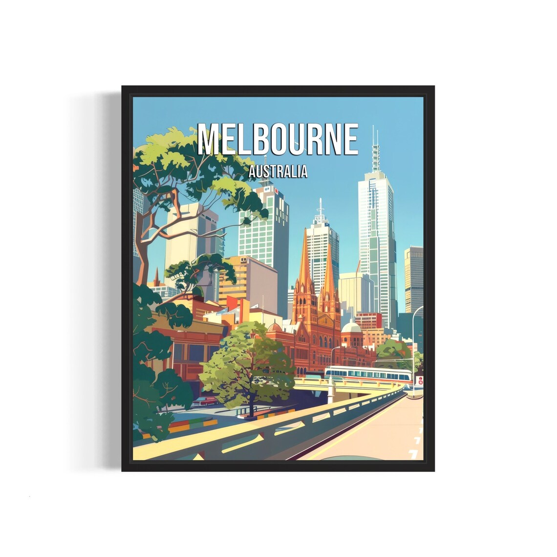 Melbourne Australia City Skyline Cathedral Tram Vintage Travel Poster
