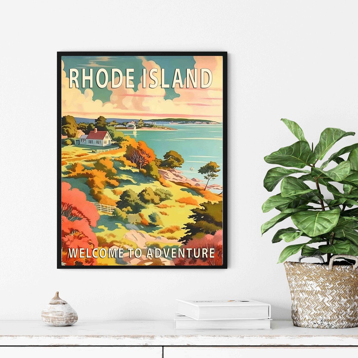 Rhode Island Coastal Autumn Landscape Cottage Scenic Travel Poster - Image 3