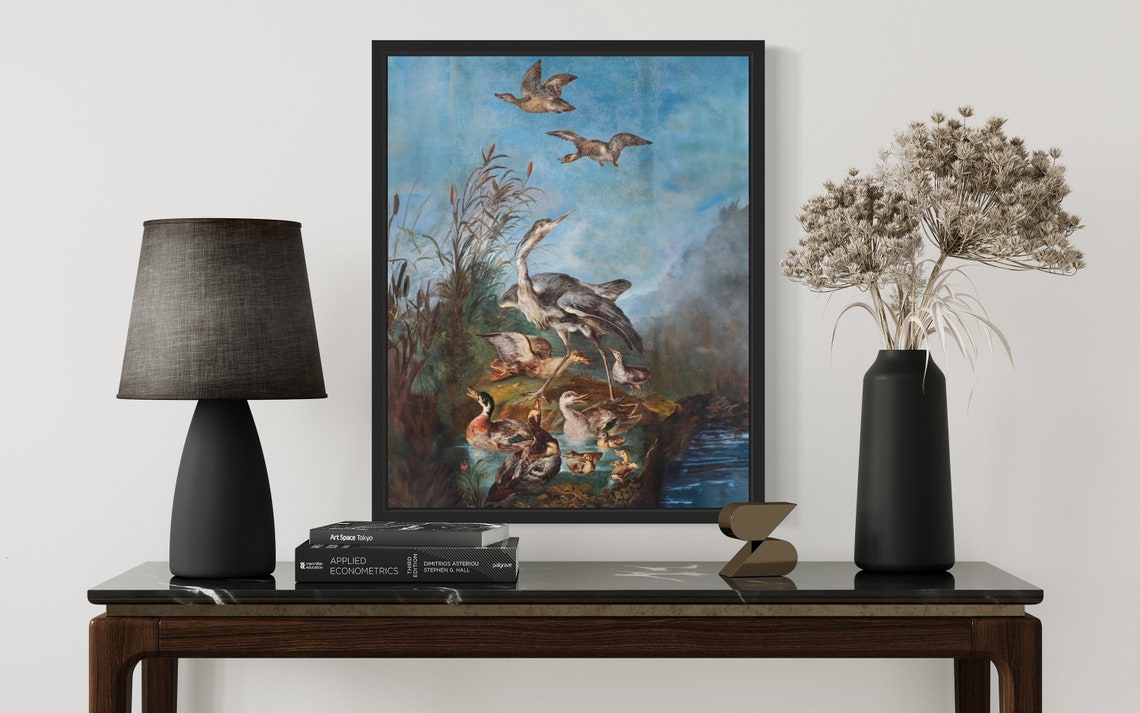 Grey Heron with Ducks in Pond Gathering Vintage Wildlife Art Print - Image 3