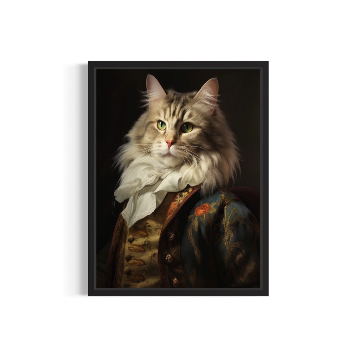 Long Haired Tabby Cat in Baroque Lace Cravat Portrait Wall Art