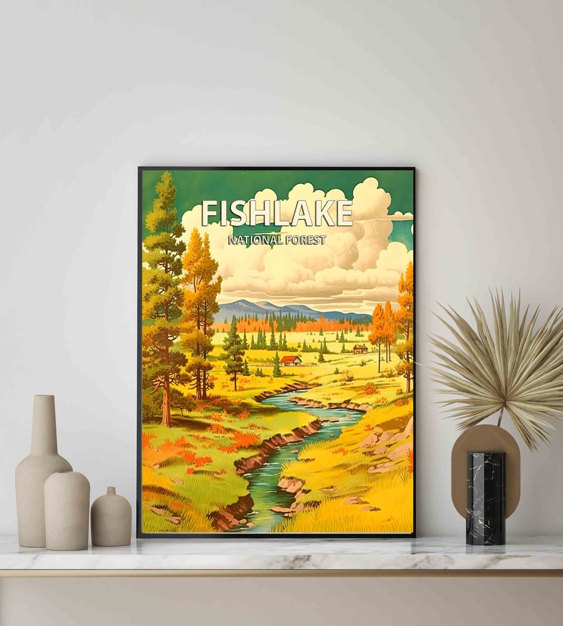 Fishlake National Forest Meadow Stream Cabin Retro Travel Poster - Image 3