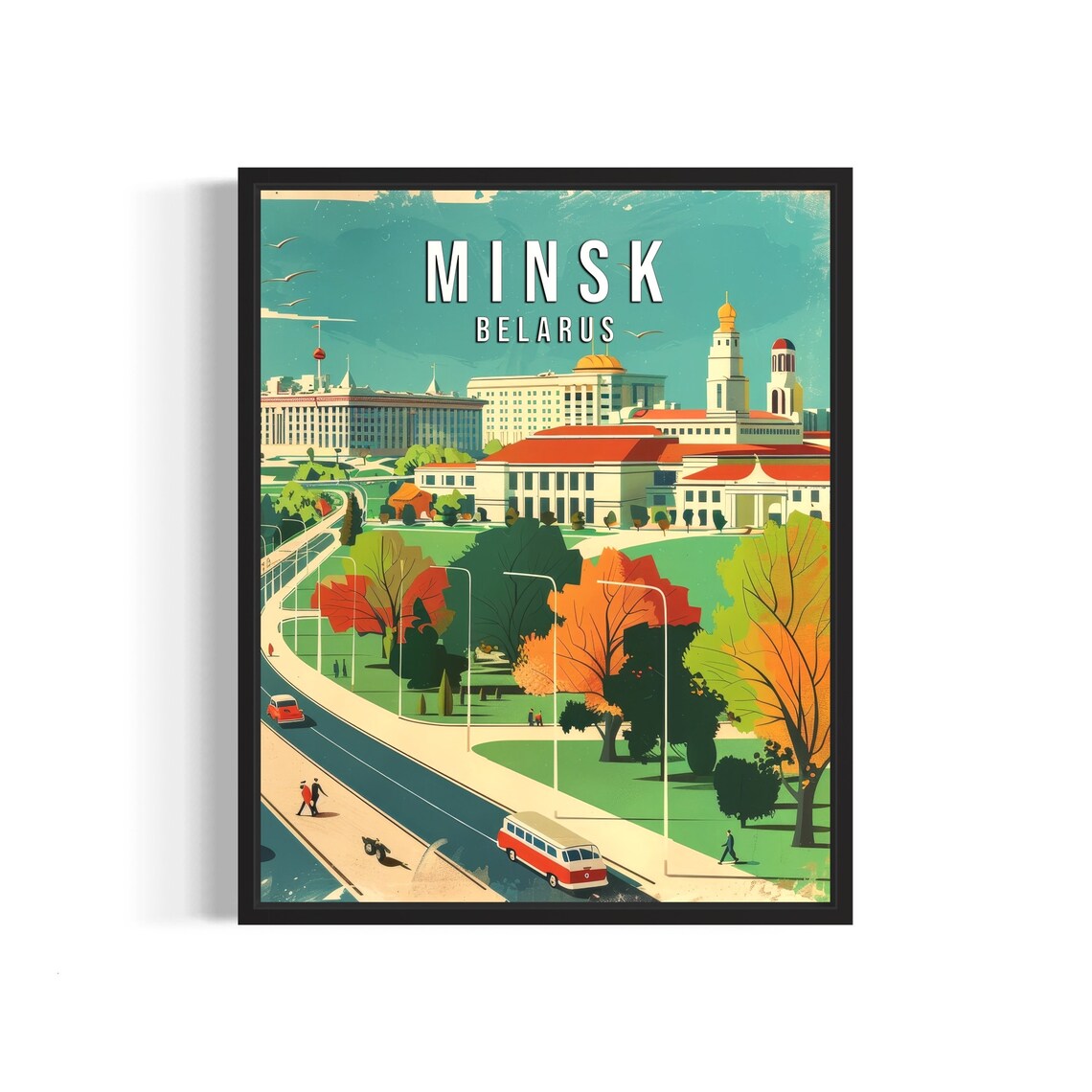 Minsk Belarus Retro Travel Poster with Red Bus Park and City Landmarks