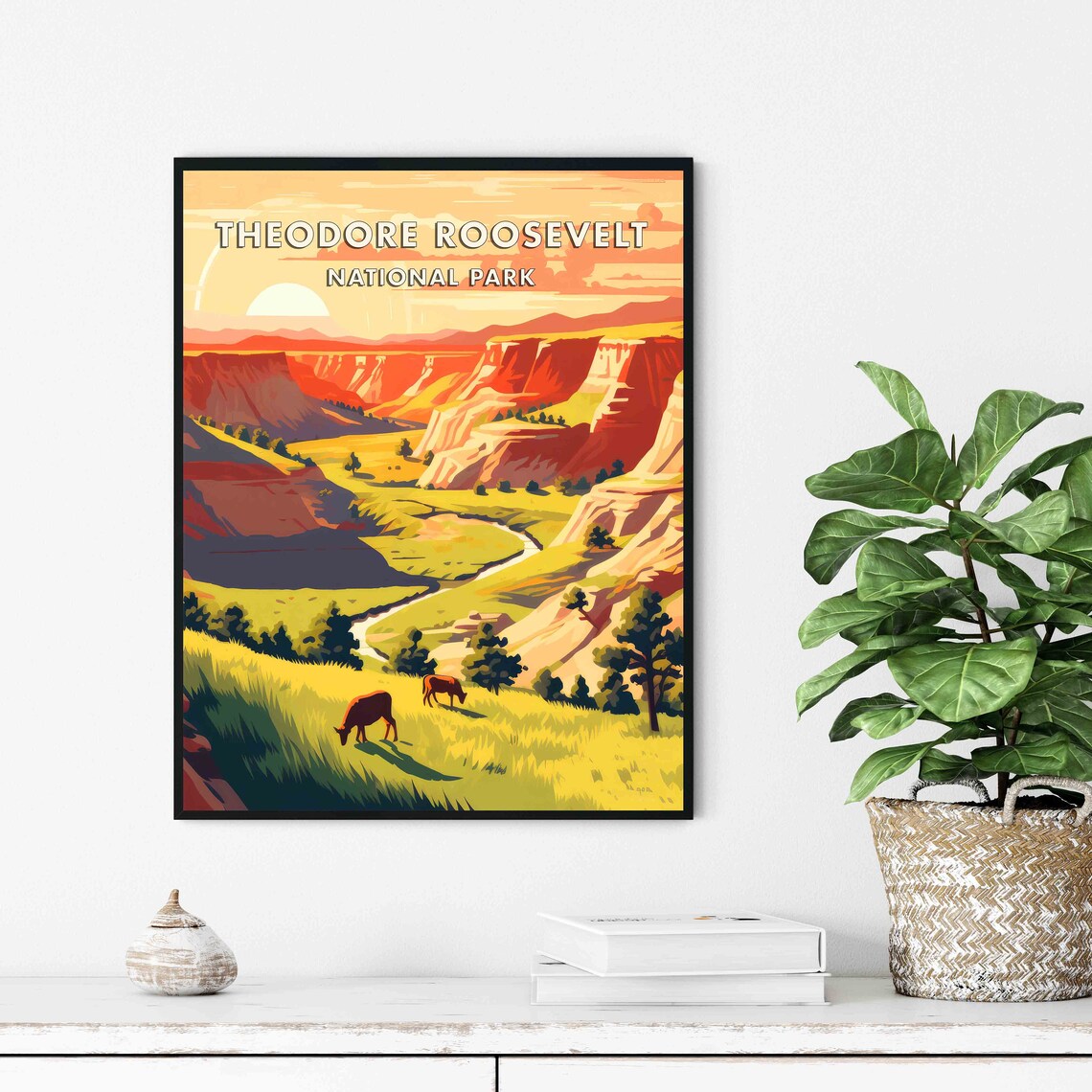Theodore Roosevelt National Park Bison Badlands Sunset River Poster - Image 2