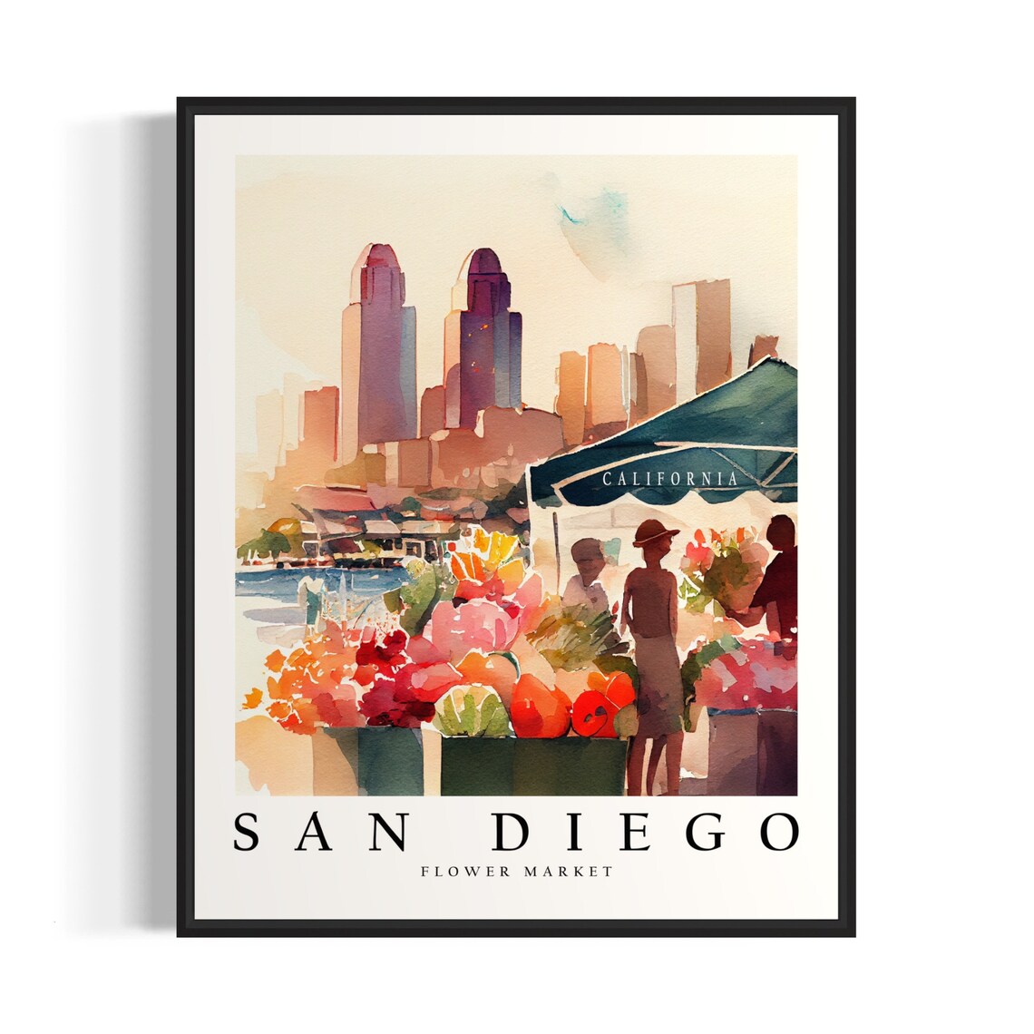 San Diego California Flower Market Watercolor Skyline Poster