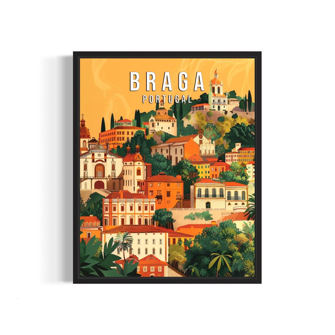 Braga Portugal Golden Hour Retro Cityscape Hillside Travel Poster