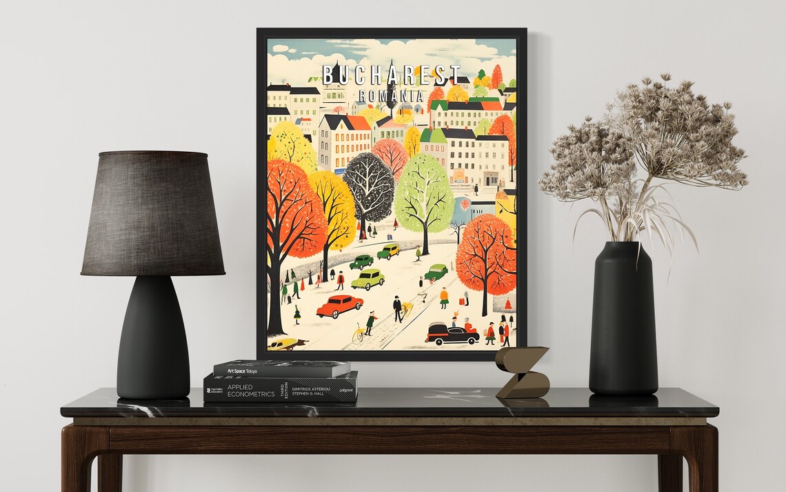 Bucharest Romania Autumn Street Vintage Cars Retro Travel Poster - Image 3