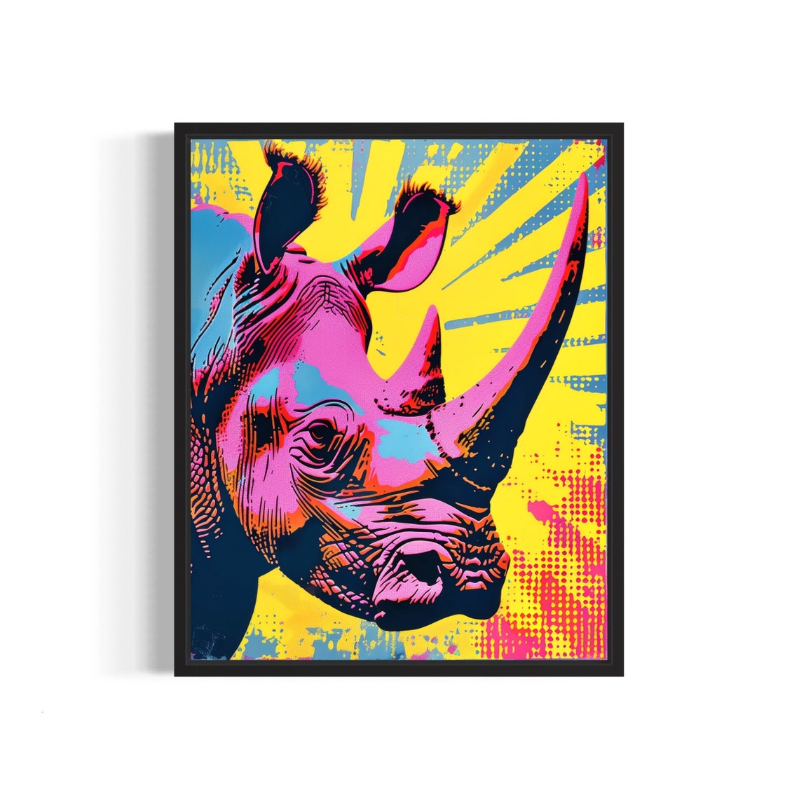 Rhino Neon Pop Art Portrait Against Yellow Sunburst Rays Poster