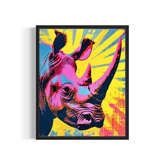 Rhino Neon Pop Art Portrait Against Yellow Sunburst Rays Poster