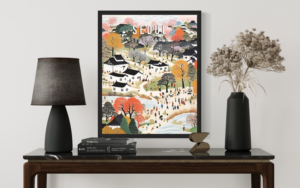 Seoul South Korea Traditional Hanok Village Folk Art Scene Poster - Image 3