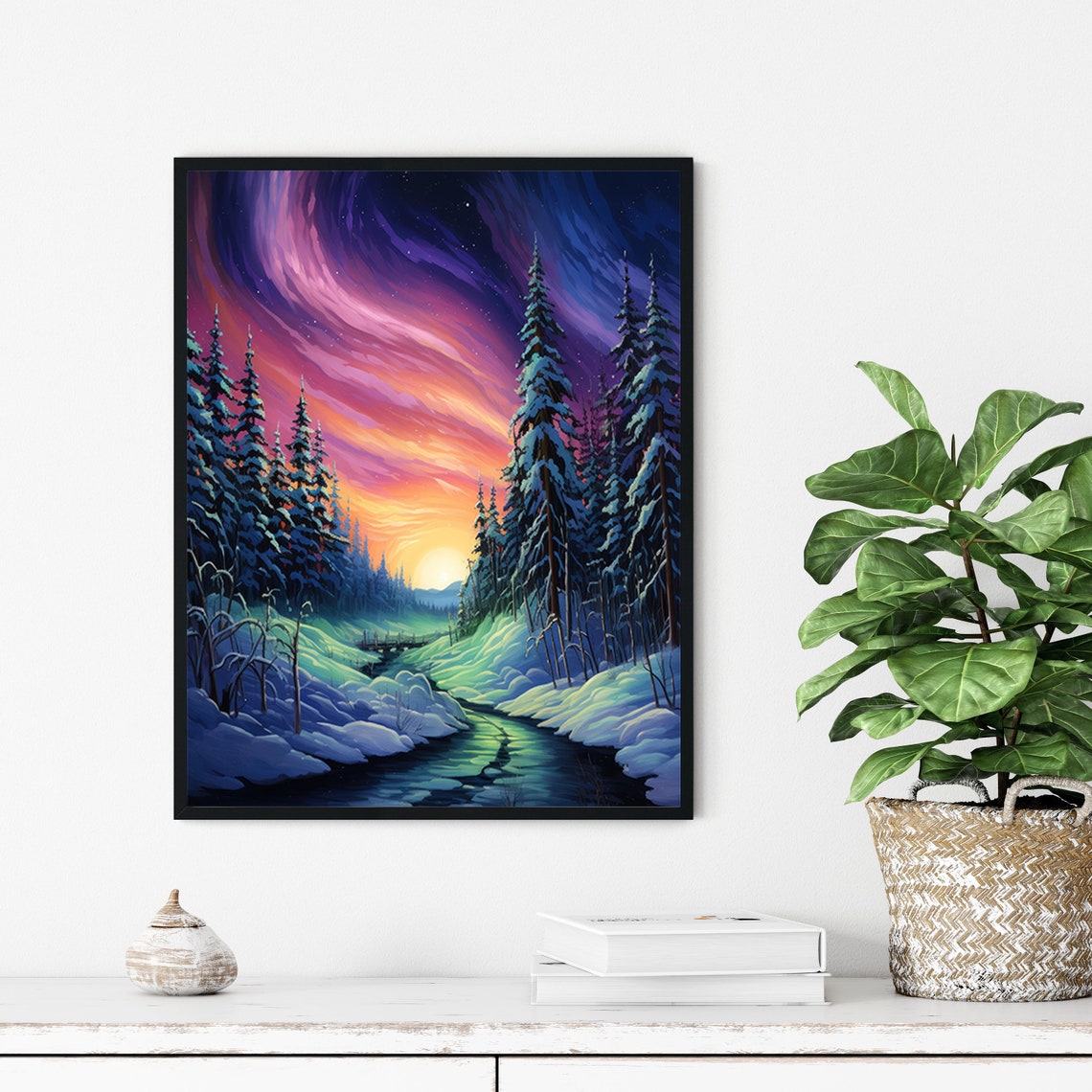 Aurora Borealis Over Snowy Pine Valley Starry Winter Night Poster - Image 2