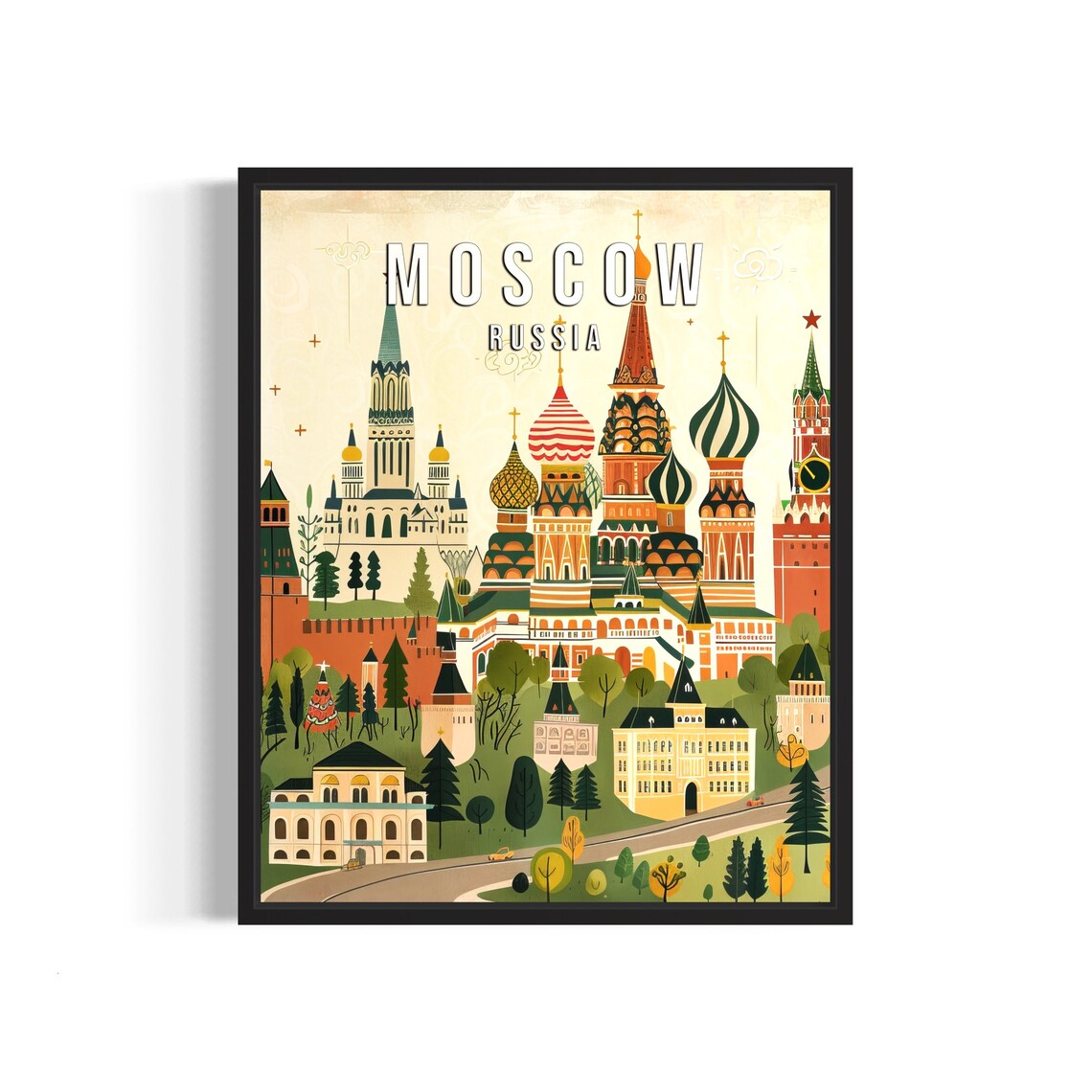 Moscow Russia Travel Poster with St Basil's Domes and Kremlin Towers
