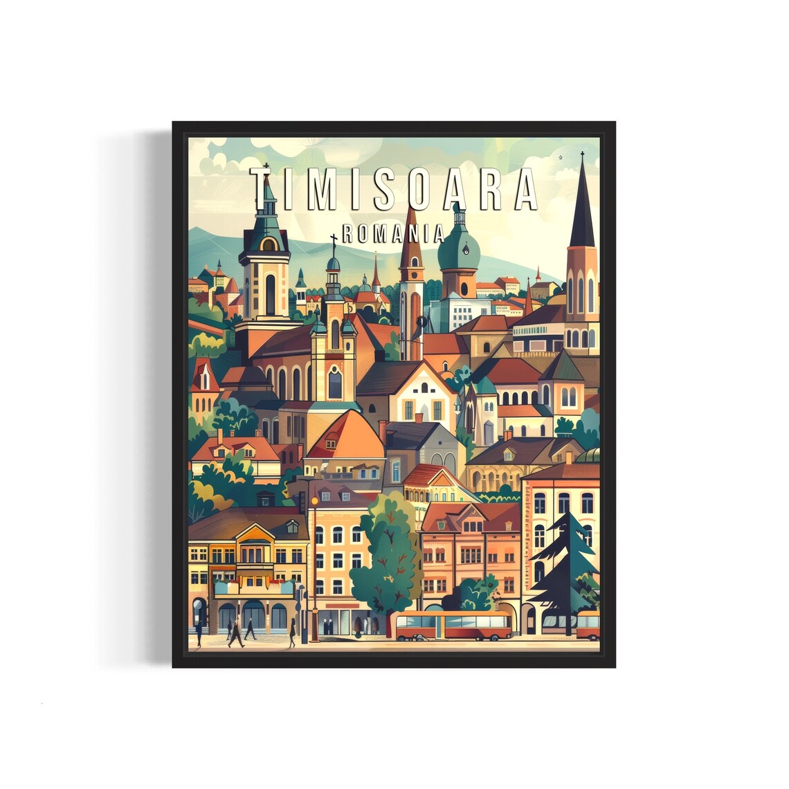 Timisoara Romania Travel Poster with Church Towers and Old Town Street