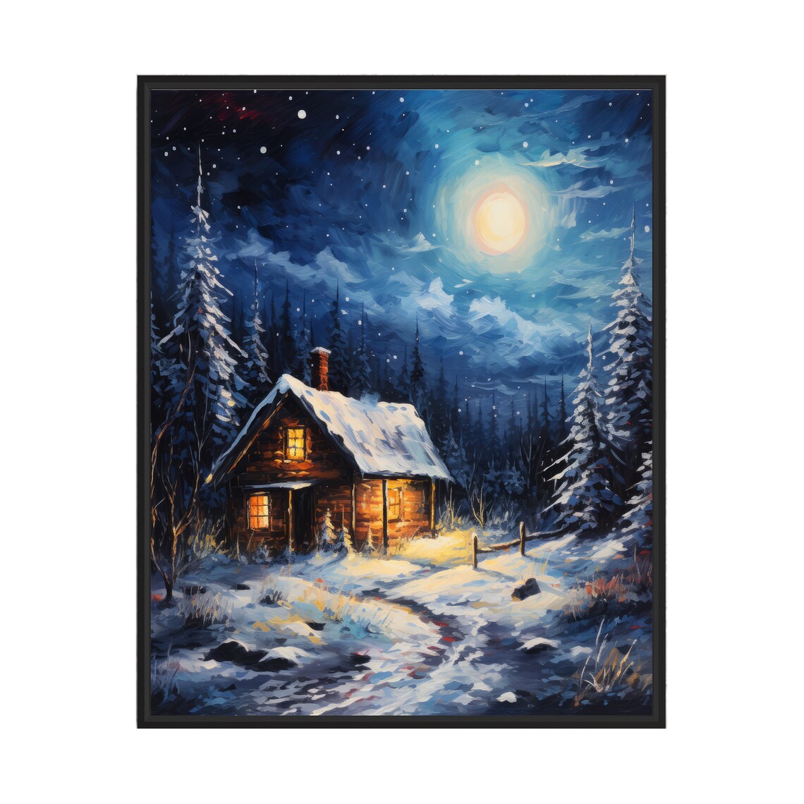 Moonlit Snowy Cabin in the Pine Woods Winter Wonderland Poster