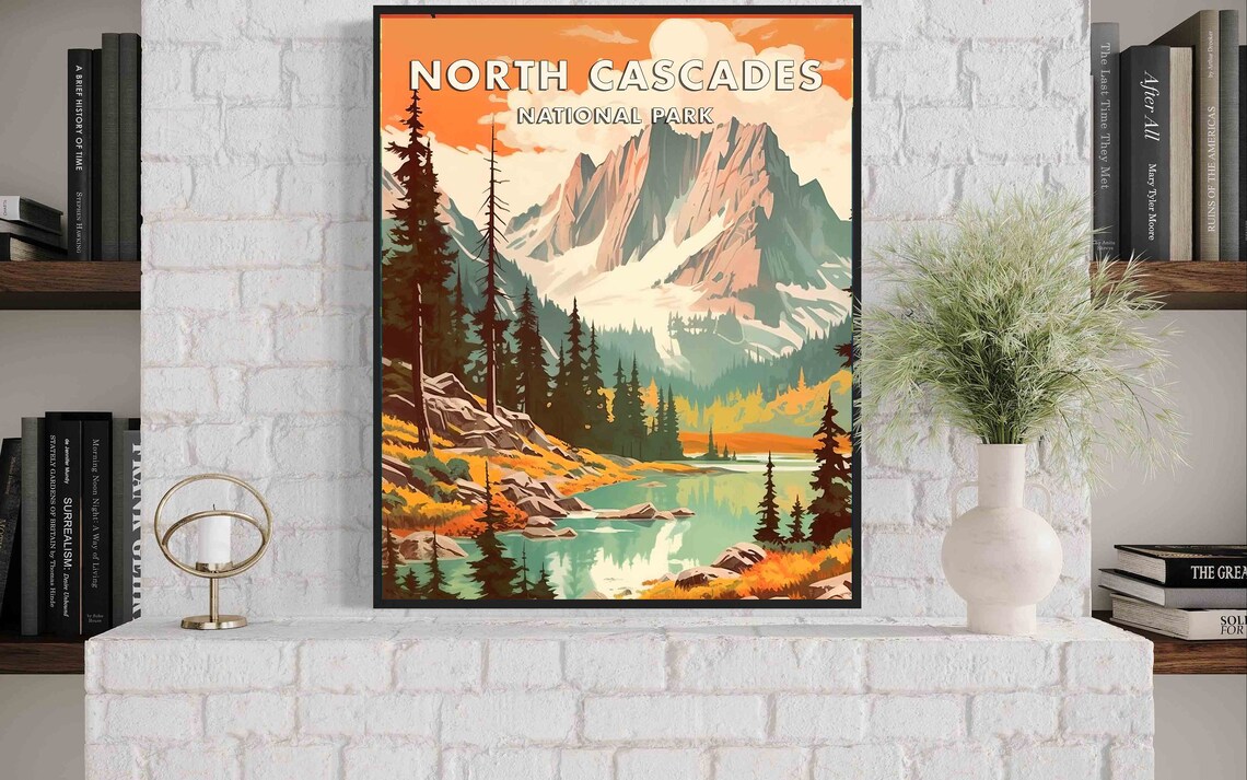 North Cascades National Park Retro Alpine Lake Scenery Travel Poster - Image 2