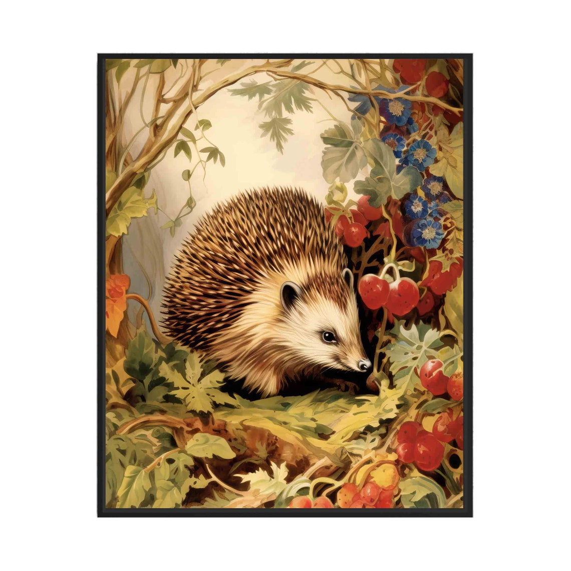 Hedgehog Among Wild Berries Cozy Vintage Garden Wildlife Poster