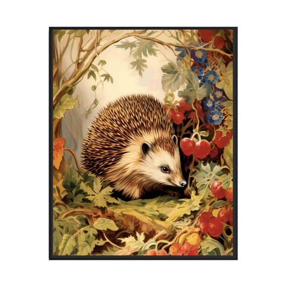 Hedgehog Among Wild Berries Cozy Vintage Garden Wildlife Poster