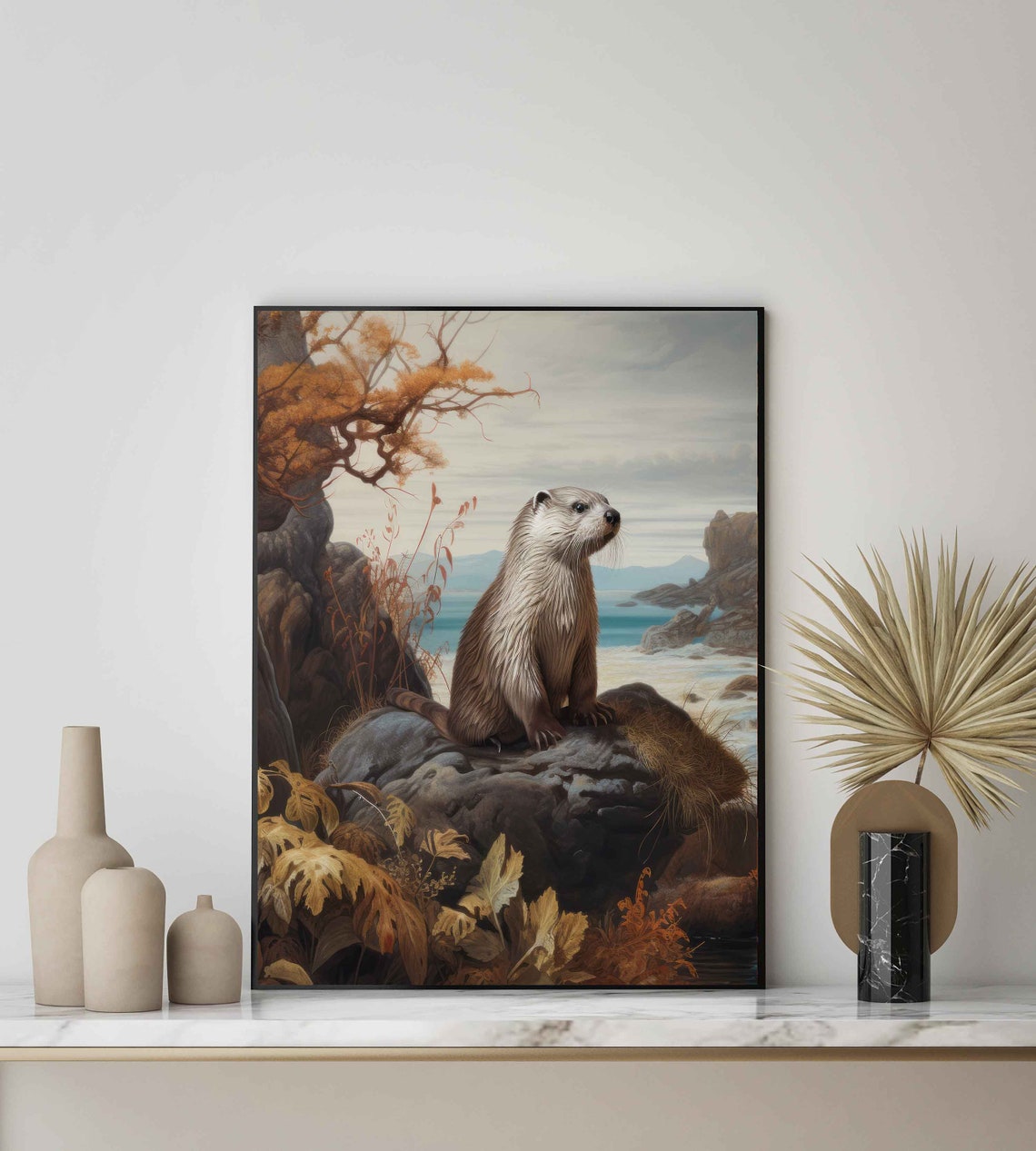 Otter on Coastal Rocks Serene Vintage River Wildlife Art Poster - Image 2