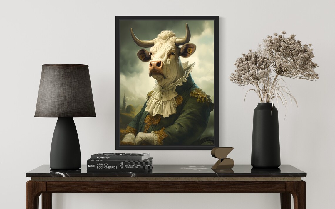 White Cow Portrait in Vintage Green Aristocrat Coat Poster Art - Image 2