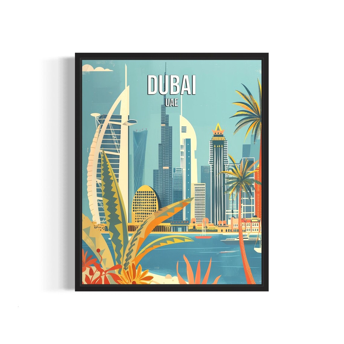 Dubai UAE Skyline Burj Khalifa Palms Waterfront Vintage Travel Poster