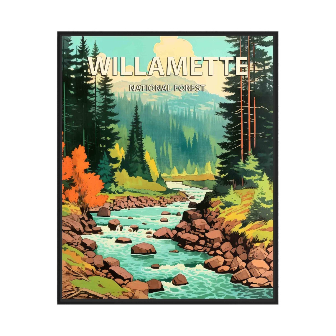 Willamette National Forest Turquoise River Rapids Retro Travel Poster