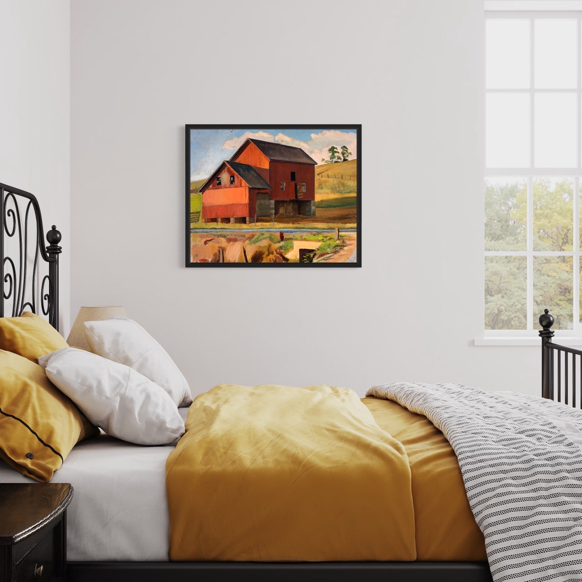 Red Barn Beneath Golden Hills Summer Farm Landscape Painting Poster - Image 3