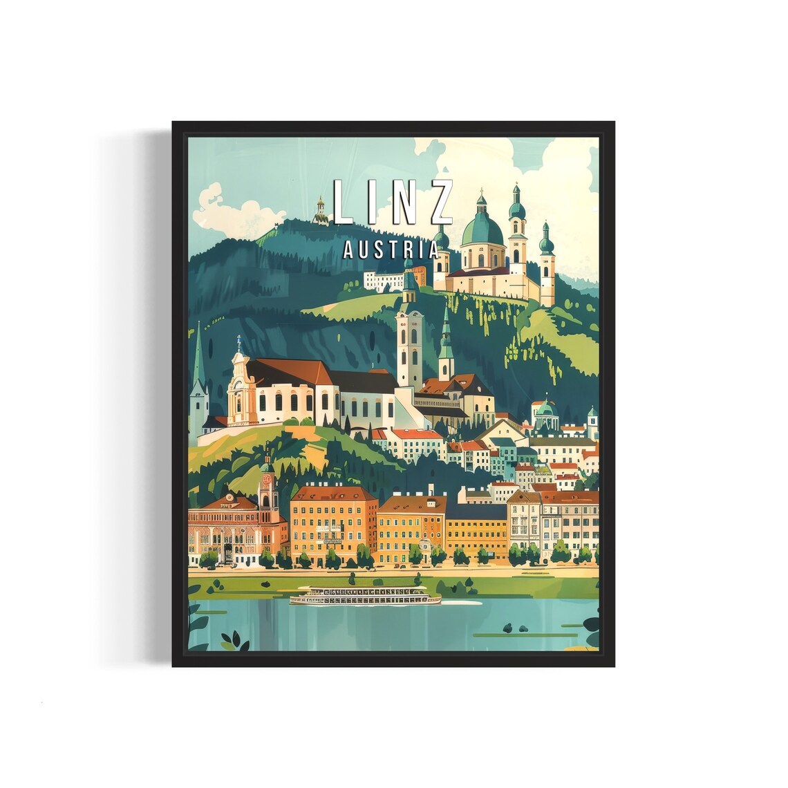 Linz Austria Travel Poster with Danube River Churches and Green Hills