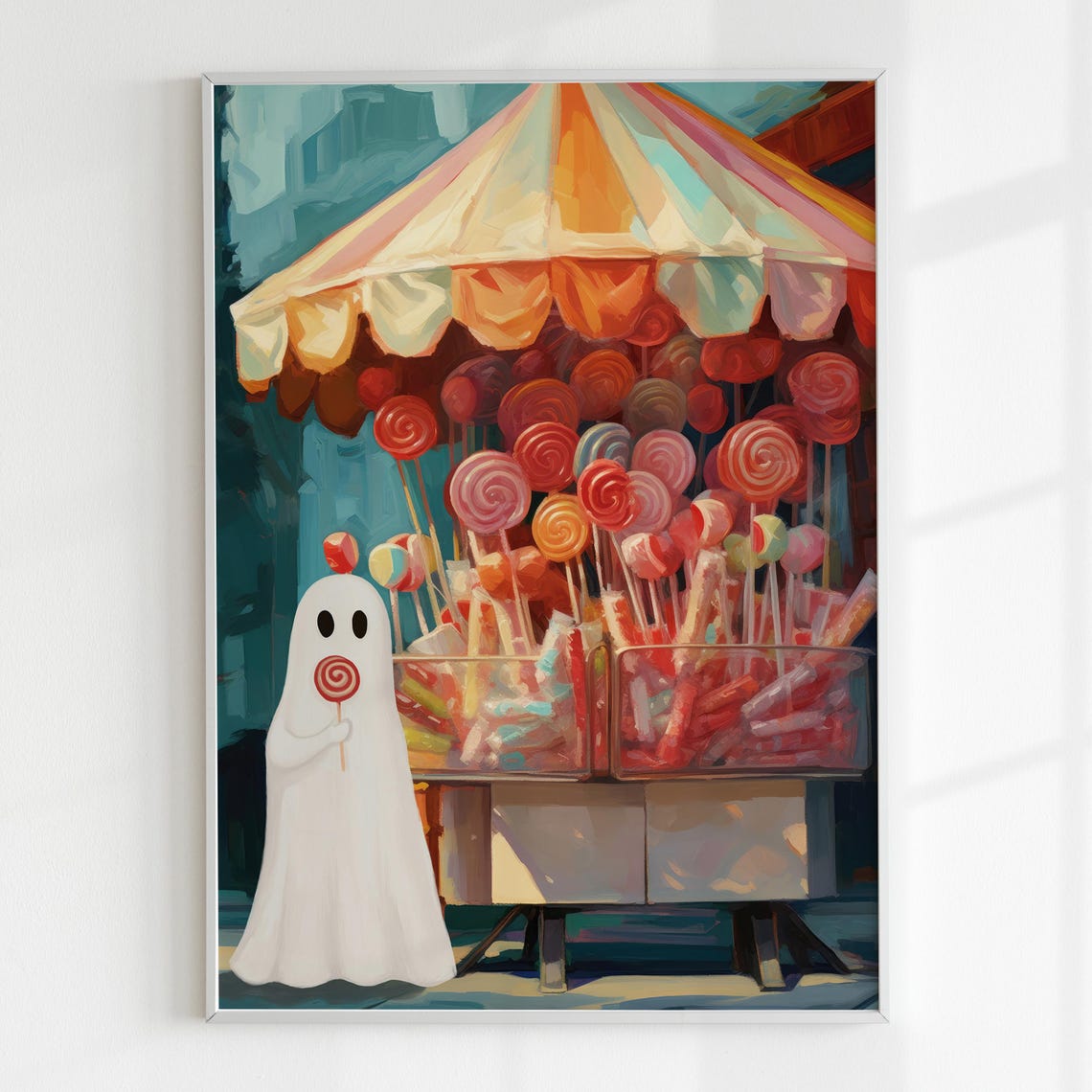 Cute Ghost With Red Lollipop Colorful Candy Cart Halloween Art Print - Image 5
