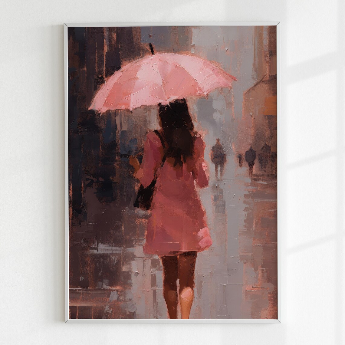 Woman Pink Umbrella Rainy City Street Painting Wall Art Print - Image 7