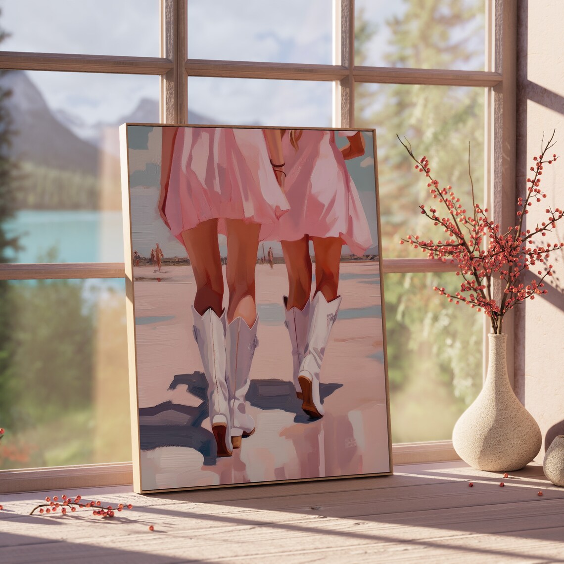 Coastal Cowgirl Pink Dress White Boots Beach Walk Girly Art Poster - Image 4