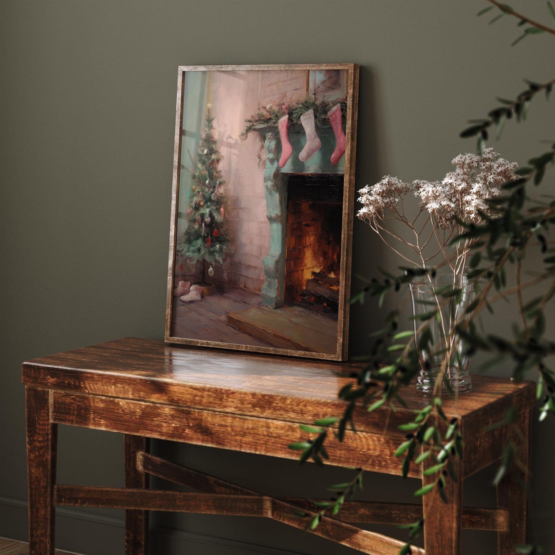 Moody Fireplace Pink Stockings Christmas Tree Holiday Poster - Image 4