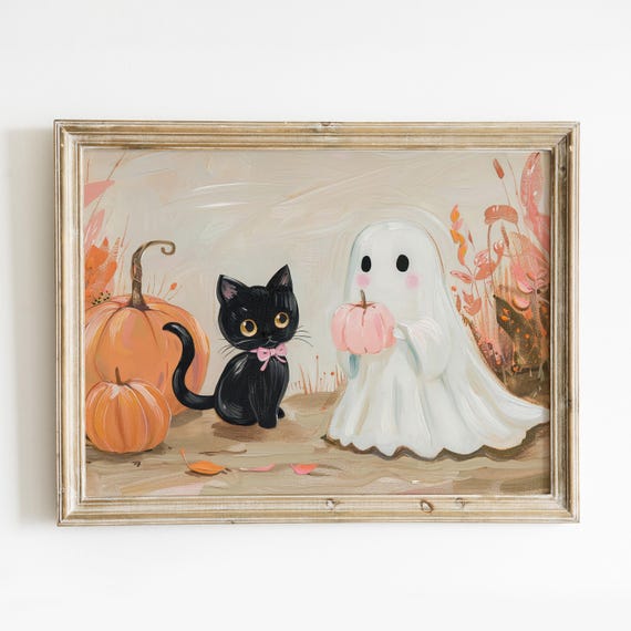 Cute Ghost And Black Cat Halloween Wall Art Preppy Halloween Decor Girly Halloween Pumpkins Poster Nursery Art