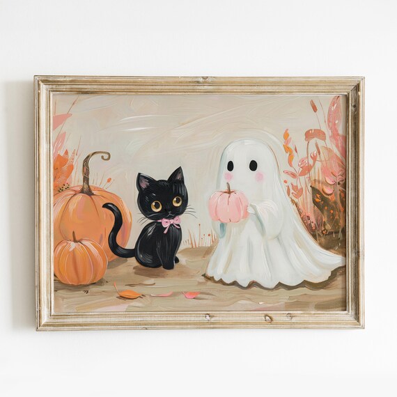 Cute Ghost Black Cat Pumpkins Halloween Friends Pink Bow Nursery Wall Poster