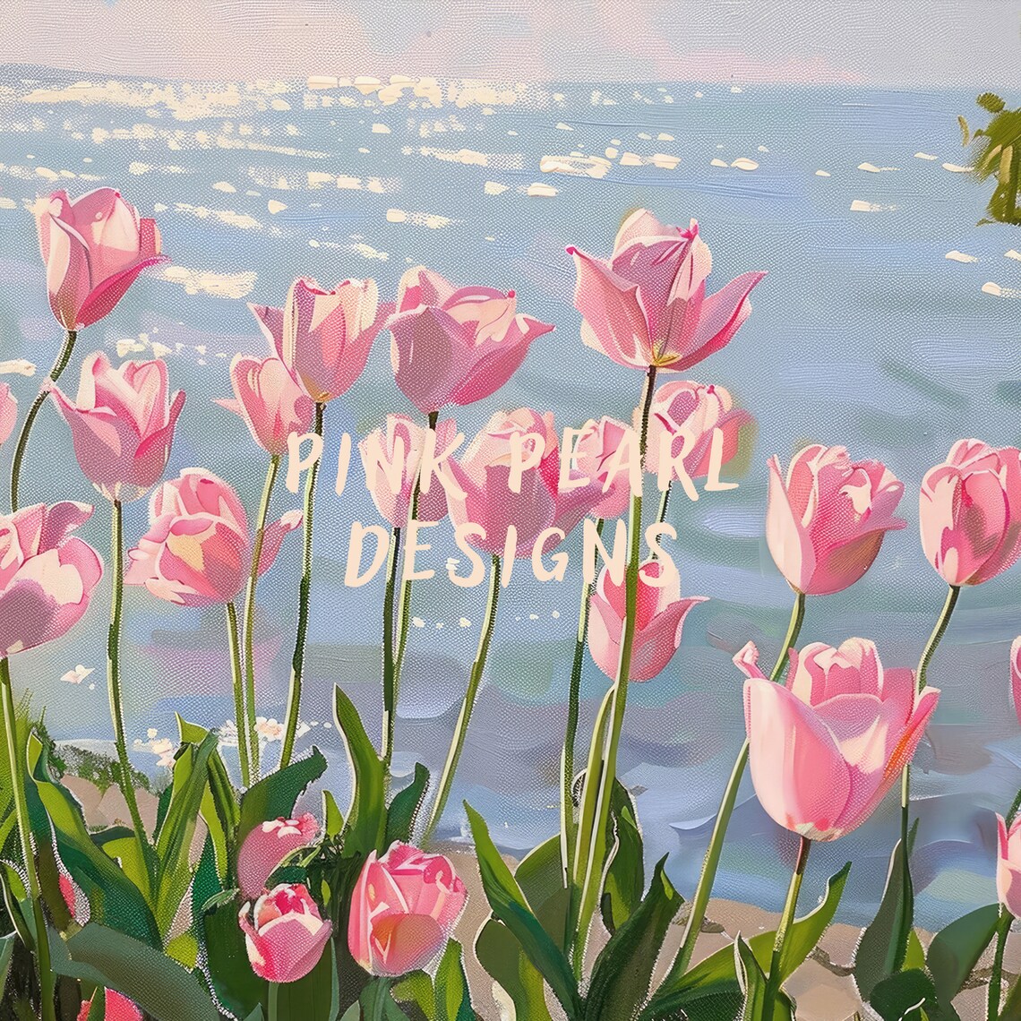 Pink Tulips Lake Landscape Spring Art Print - Image 6