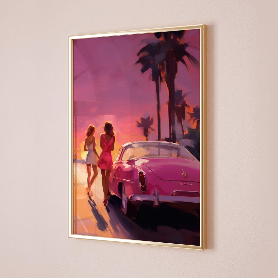 Palm Springs Sunset Magenta Pink Vintage Car Women Wall Art Print - Image 7