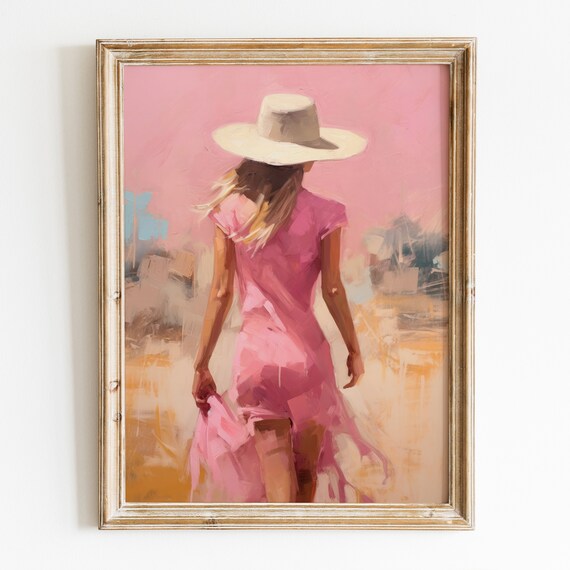 Woman in Pink Dress White Sunhat Walking Abstract Oil Painting Poster