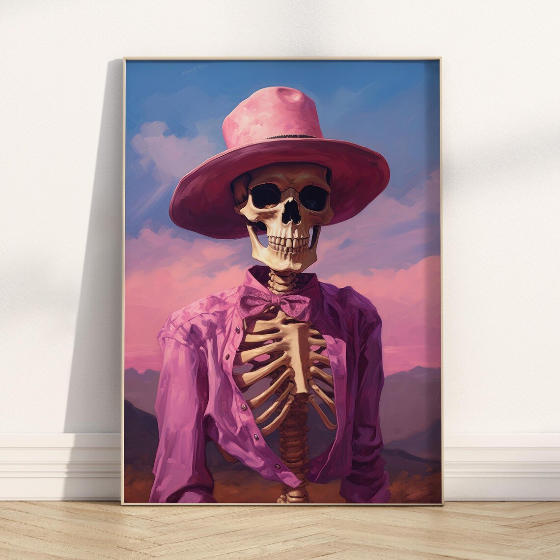 Pink Cowboy Skeleton Hat Bow Tie Sunset Desert Halloween Party Wall Poster - Image 4