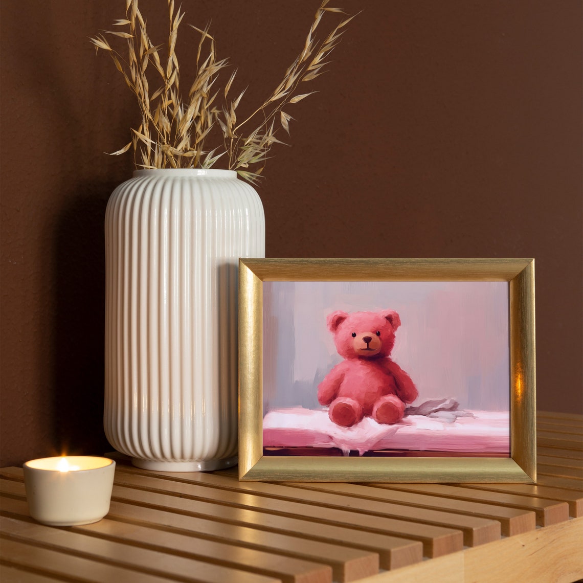 Soft Pink Teddy Bear Plush Oil Painting Nursery Wall Art Print - Image 6
