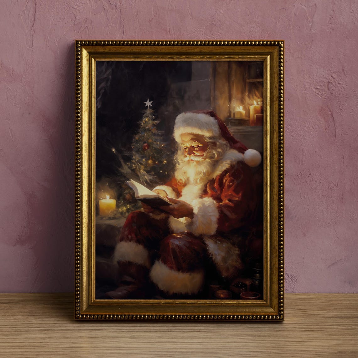 Santa Claus Reading By Candlelight Christmas Tree Art Poster - Image 3