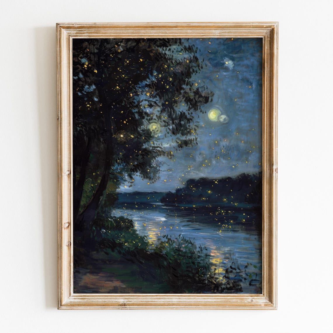 Fireflies Glowing Moonlit Lake Night Forest Reflections Art Poster