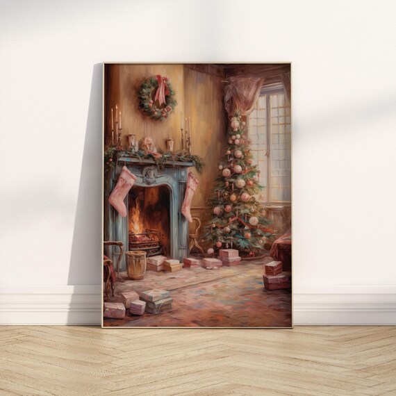 Vintage Christmas Tree Wall Art Moody Cozy Room Fireplace Print Preppy Christmas Decor Pink Holiday Poster