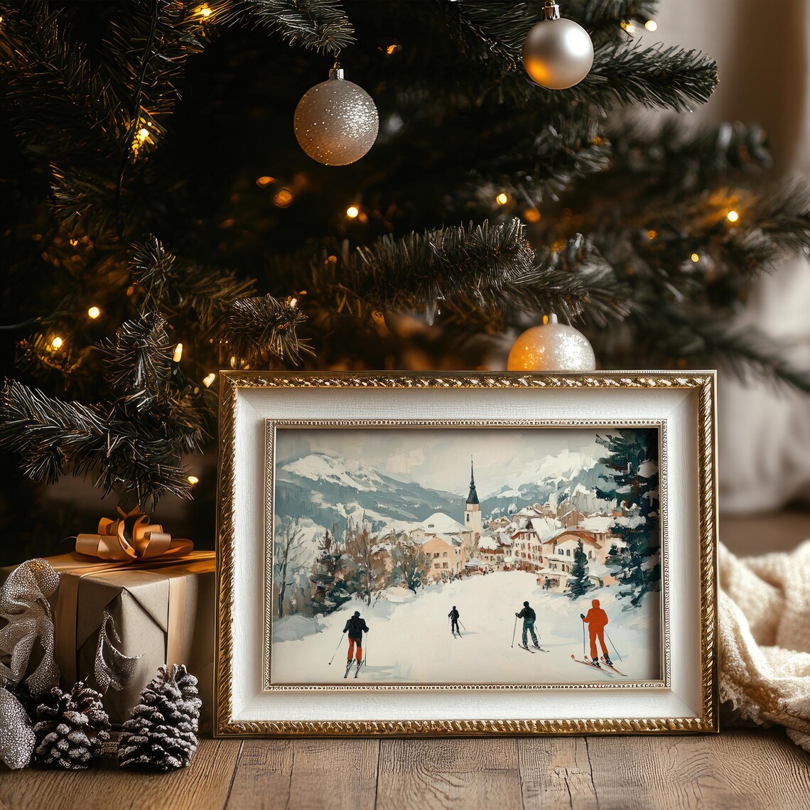 Vintage Alpine Skiers Village Church Snowy Winter Travel Poster - Image 5