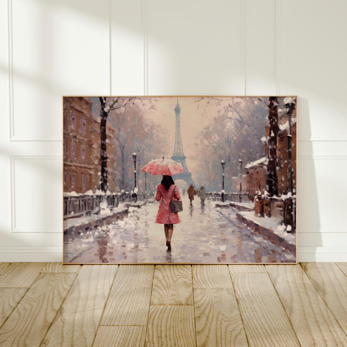 Paris Snowy Street Pink Umbrella Eiffel Tower Winter Walk Art Poster - Image 4