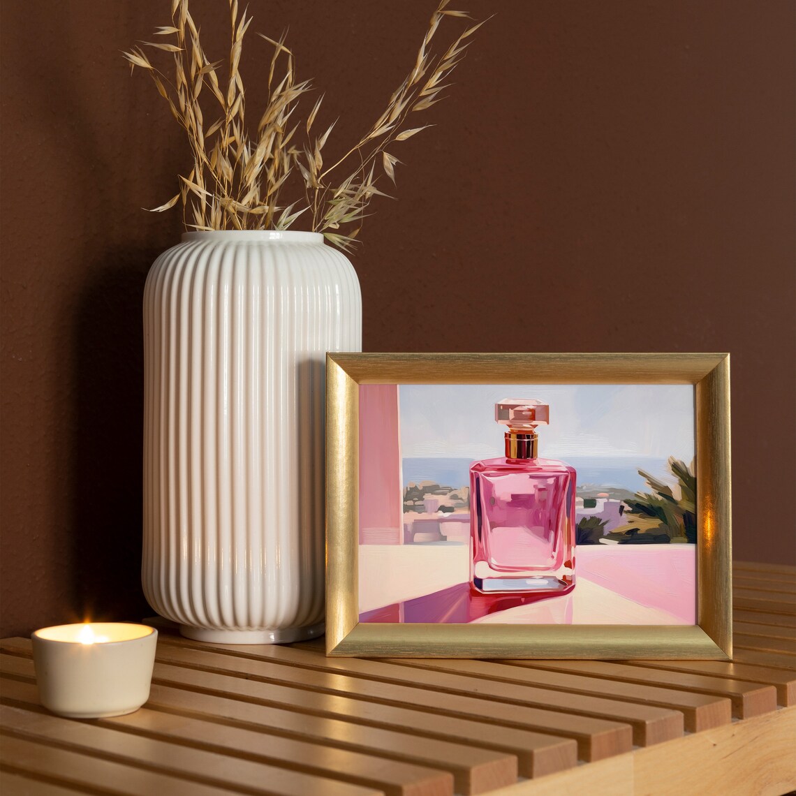 Pink Perfume Bottle Ocean View Balcony Summer Vacation Travel Wall Poster - Image 5