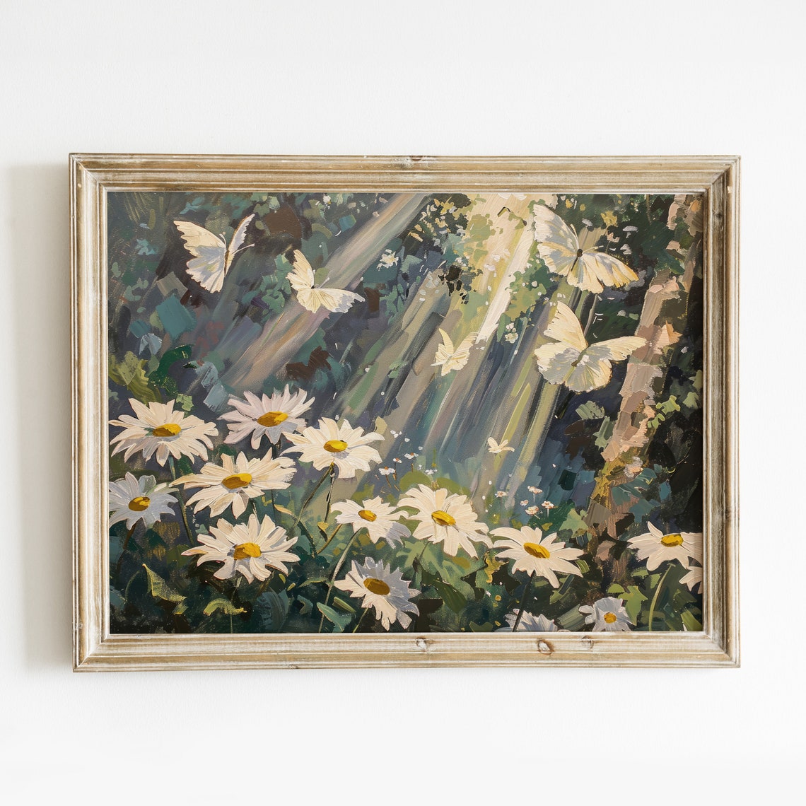 White Daisy Flowers Butterflies Sunbeam Forest Garden Art Wall Print