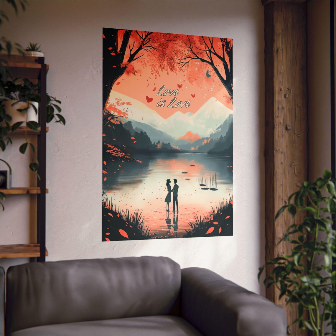 Love Is Love Couple Silhouette Lake Cherry Blossoms Mountain Poster - Image 3